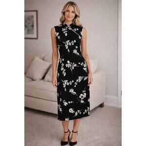 Vintage Evan Picone Cheongsam Dress 14 Floral Mandarin Collar Asian Sheath Midi